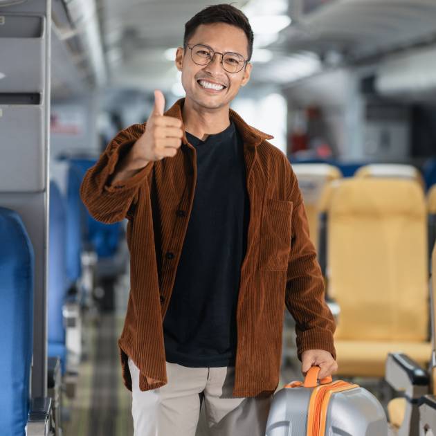 Airplane, travel and portrait of male with journey and backpack.