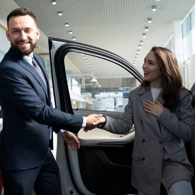 an employee of a car dealership helps a young woman with a choice of a new car.